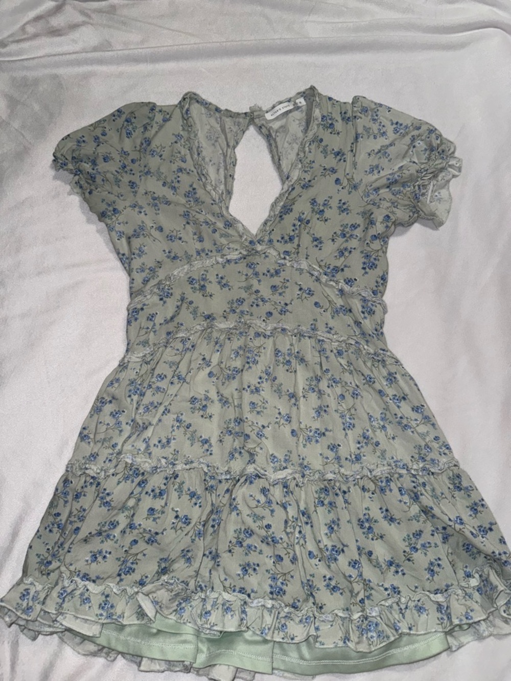 Altar'd State Sage Mini Dress with Blue Floral Accent